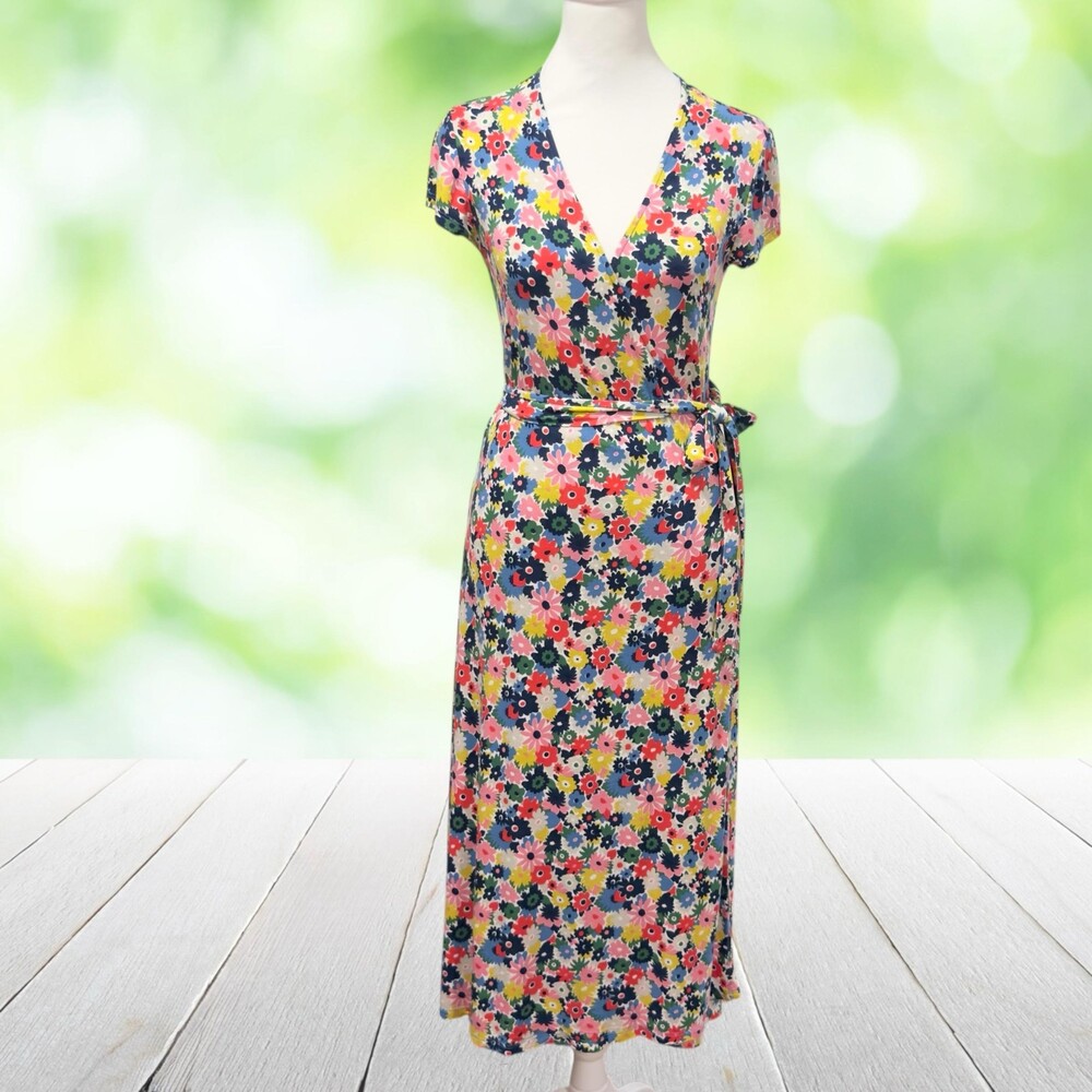 BODEN Jersey Wrap Midi Dress Retro Multicolor Floral Surplice Tie Waist Size 6